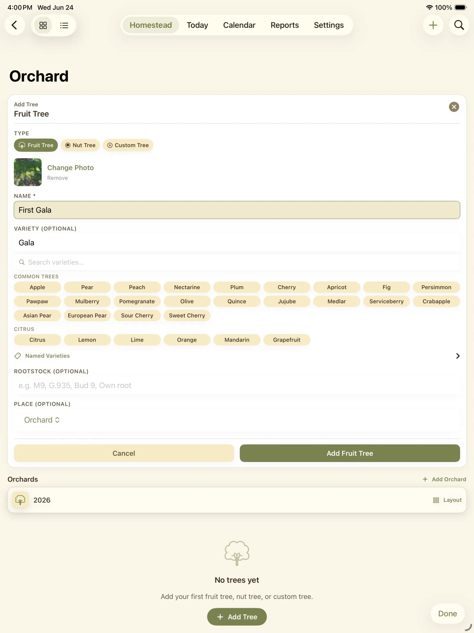 New orchard plant form with name, type, variety, planting details, and care fields.